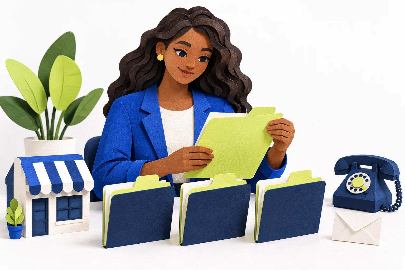 Paper-craft illustration of an agency specialist organizing prospect folders beside a miniature shop, telephone and envelope.