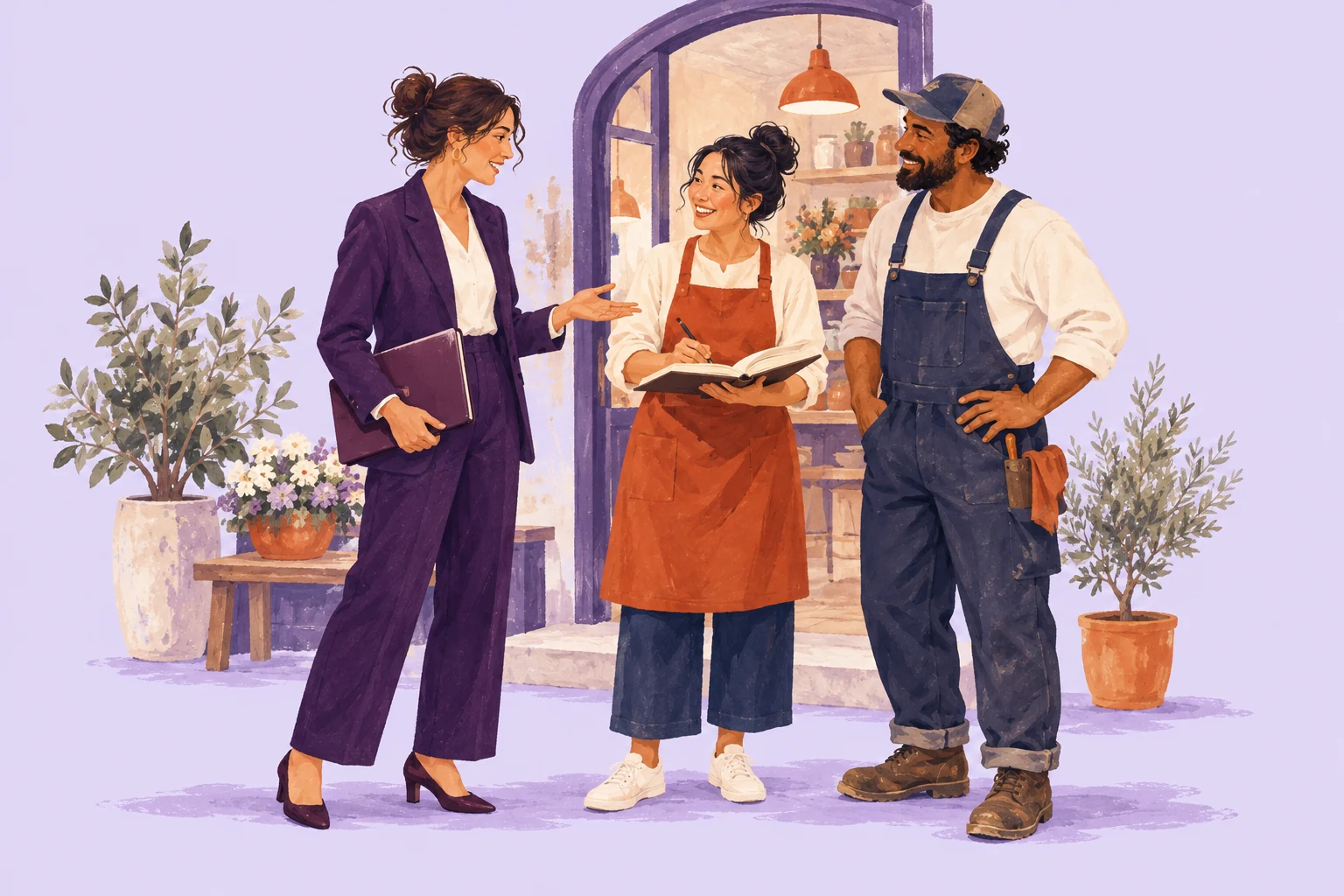 Editorial illustration of a consultant talking with two local business owners outside a neighborhood shop.