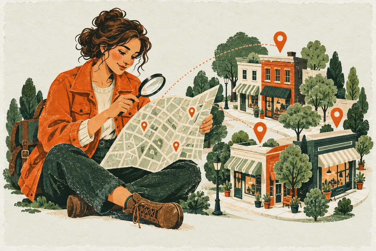 Editorial illustration of an agency specialist surveying a map beside a neighborhood of local businesses.