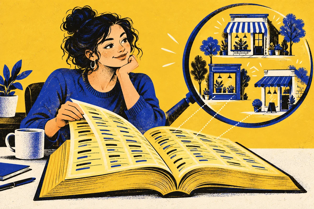 Illustrated agency specialist exploring a yellow business directory, with local storefronts under a magnifying glass.